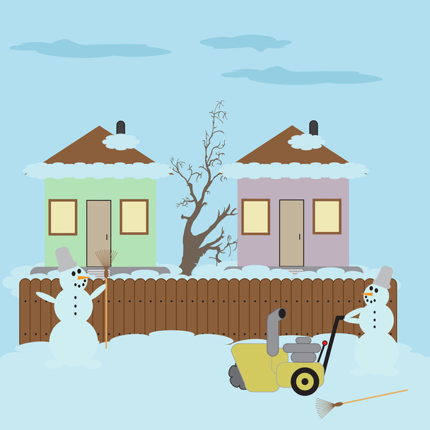 Снеговик с метлой и ручным снегоочистителем
 - Вектор,изображение