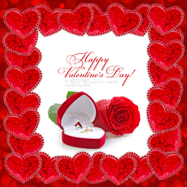 Red velvet box with golden ring and red rose in a frame from dec - Photo, Image