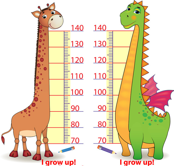 Stadiometers for children with cute Dragon and Giraffe - Vector, Image