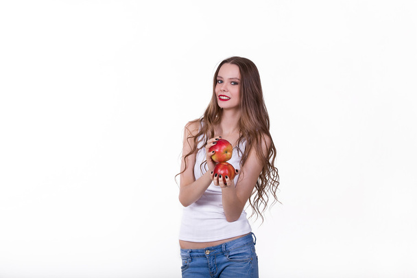 красива дівчина з яблуком на білому тлі
 - Фото, зображення