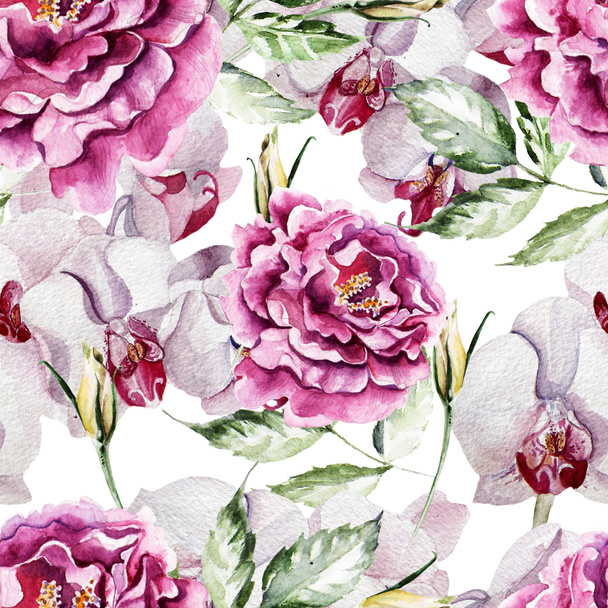 Muster mit zarten Pfingstrosenblüten und Orchideen - Foto, Bild