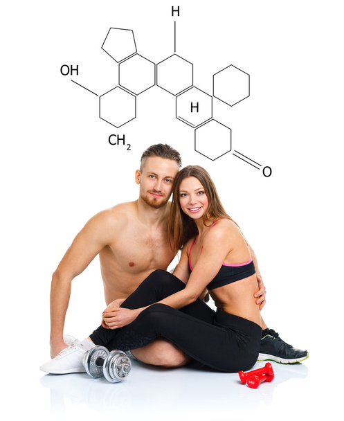 Sportowiec para - mężczyzna i kobieta po ćwiczeń fitness siedzi w - Zdjęcie, obraz