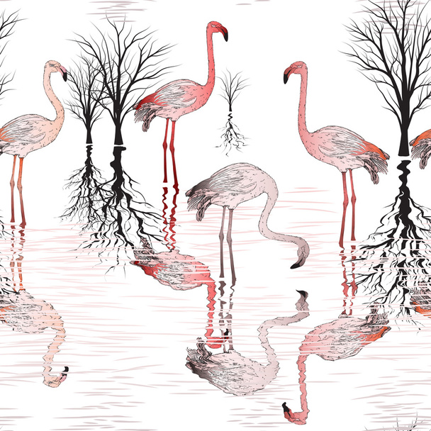 pattern with group of pink flamingo - Vector, Image