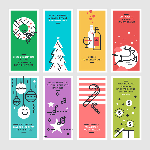 Set de tarjetas de felicitación de Navidad y Año Nuevo de diseño de línea plana
. - Vector, imagen