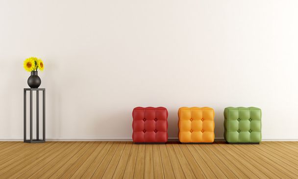 Chambre blanche minimaliste avec pouf
 - Photo, image