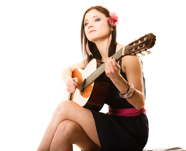 Music lover, summer girl with guitar isolated - Foto, afbeelding