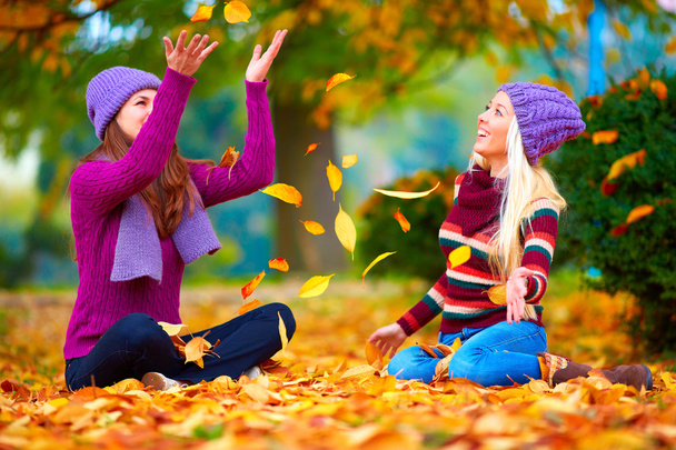 happy friends playing in vibrant autumn park - Foto, Imagen