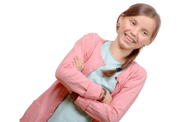 Smiling blond girl with braid. Girl eleven years old - Φωτογραφία, εικόνα