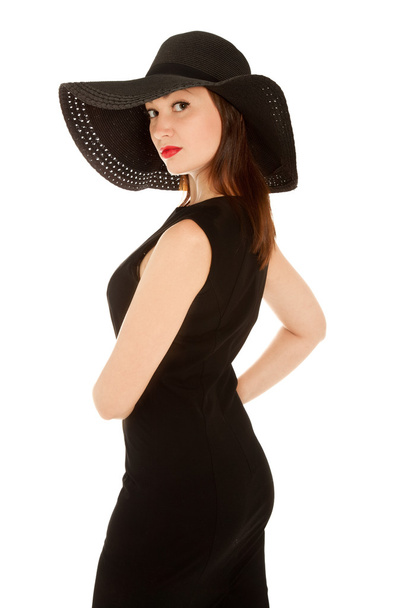 Beautiful woman with red lips in little black dress and hat - Foto, Imagem