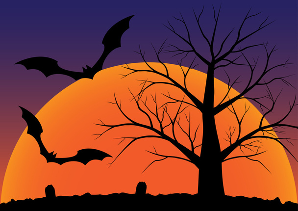 Silhouette of graveyard with dead tree and flying bats halloween - Vector, Image