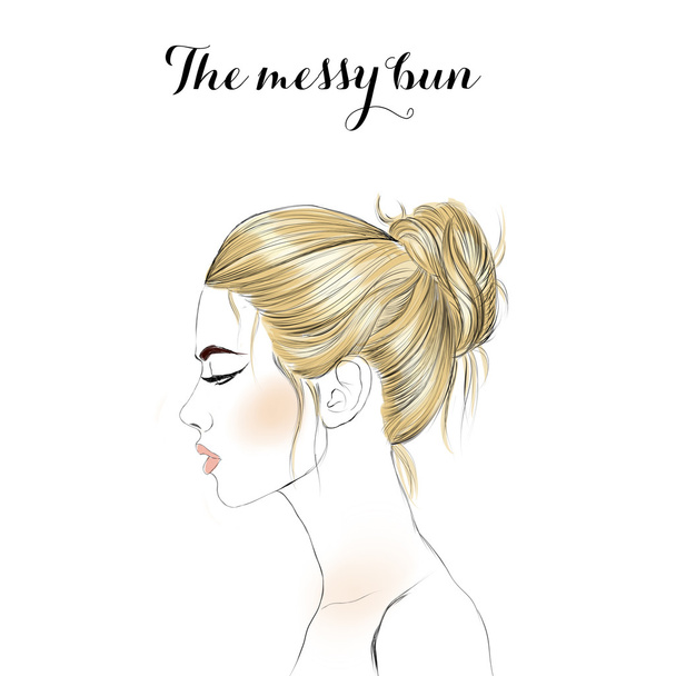 kézzel rajzolt raszteres illusztráció - profil lány haját kontyba - szőke lány - Fotó, kép