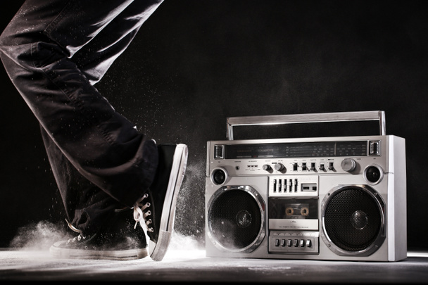 Retro ghetto boom box, dust and dancer isolated on black with cl - Photo, Image