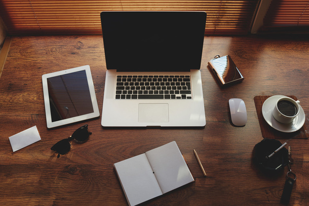 Desktop with accessories and work tools - Foto, afbeelding