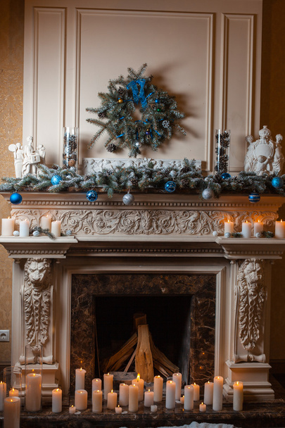 Christmas fireplace with candles - Photo, Image