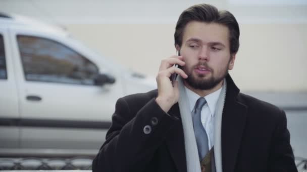 バック グラウンドで車と電話で話しているハンサムな実業家 - 映像、動画