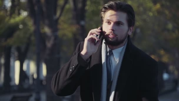 Hansome liikemies puhuu puhelimessa puistossa
 - Materiaali, video