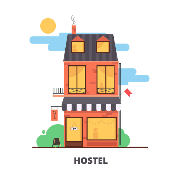 Cidade pousada hotel cor plana ilustração.Turismo indústria item baixo custo pousada edifício fachada
 - Vetor, Imagem