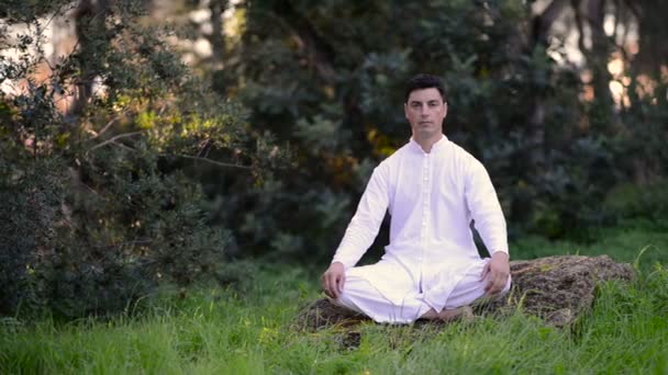 Молодой человек медитирует в парке
 - Кадры, видео