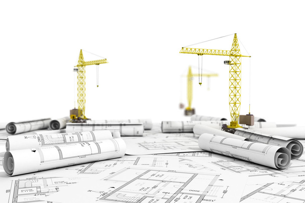 Concept of construction. Blueprints with tower cranes ready to c - Fotó, kép