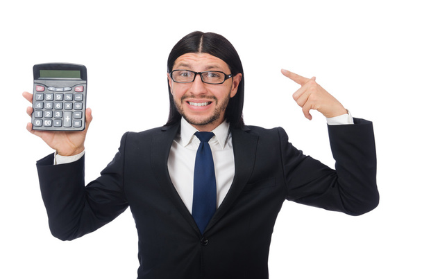 Homem com calculadora isolada em branco - Foto, Imagem