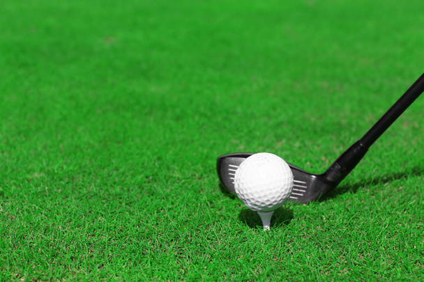 Golf club and ball on a green grass - Foto, imagen