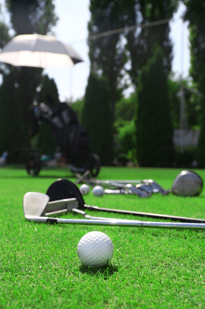 Гольф-клубы и мяч на роскошном поле для гольфа, крупным планом
 - Фото, изображение