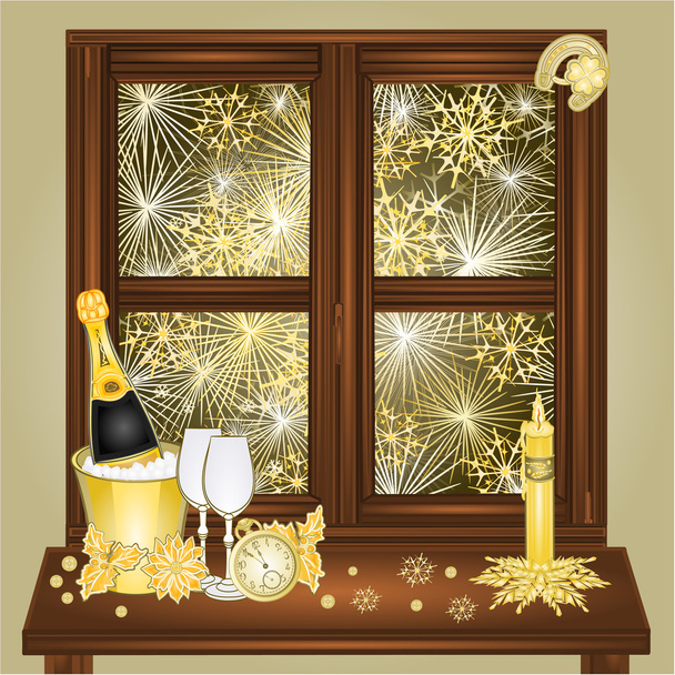 New Year fireworks and window vector - Vector, Image