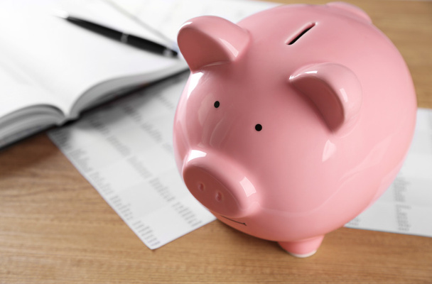 Pig moneybox and calculating equipment - Foto, afbeelding