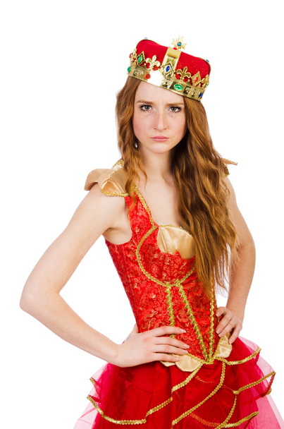 Принцесса носит корону и красное платье изолированы на белом - Фото, изображение