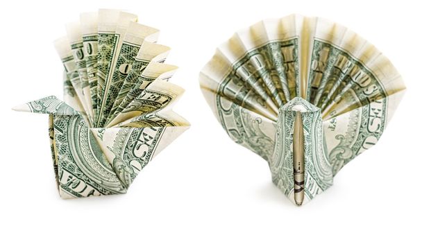 Dólar origami pavo real aislado
 - Foto, Imagen