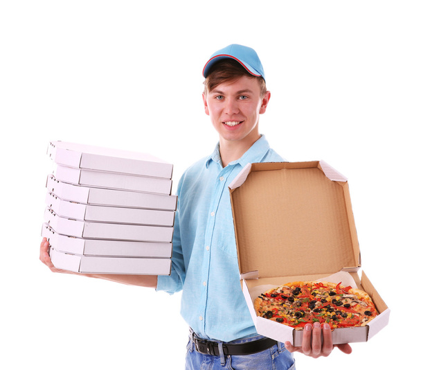 Delivery boy with pizza boxes - Foto, afbeelding