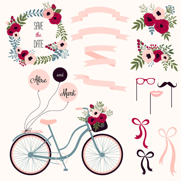 wedding set with flowers, ribbons and bicycle - Διάνυσμα, εικόνα