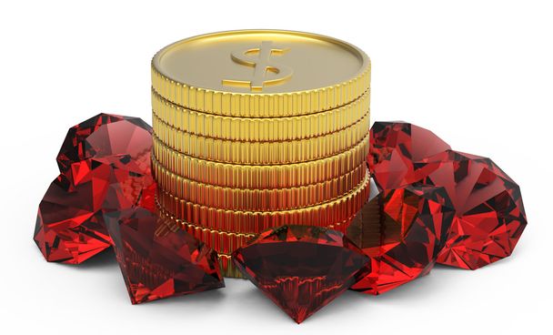 Monedas de oro y gemas de rubí
 - Foto, Imagen