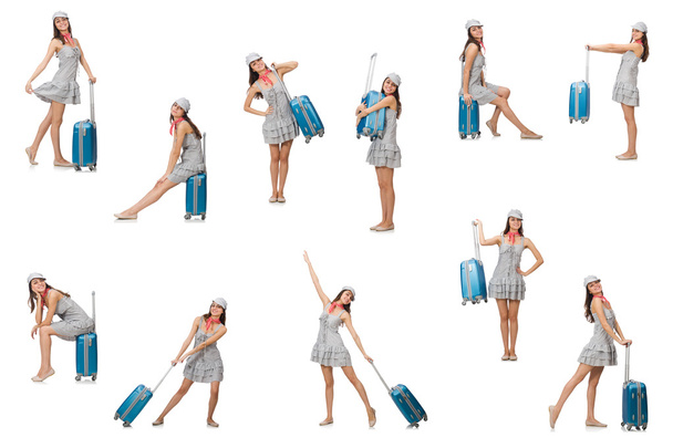 Mujer viajera con maleta aislada en blanco - Foto, imagen