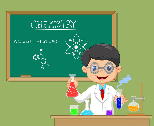 Científico de dibujos animados niño en bata de laboratorio con cristalería química
 - Vector, imagen