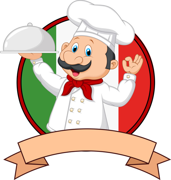Dibujos animados divertido Chef italiano de dibujos animados con plato con signo de ok
 - Vector, Imagen