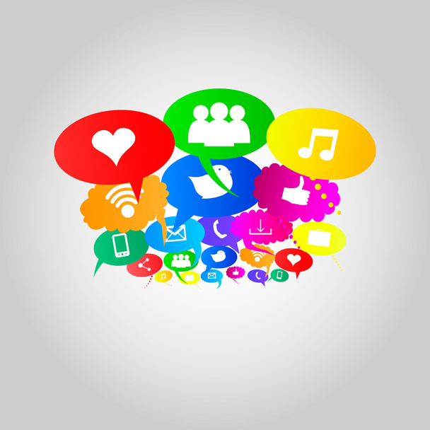 Symbole für soziale Netzwerke auf Gedankenblasen Farben, Vektor illustrieren - Vektor, Bild