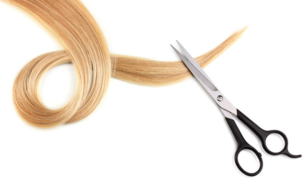 Shiny blond hair and hair cutting shears isolated on white - Photo, image