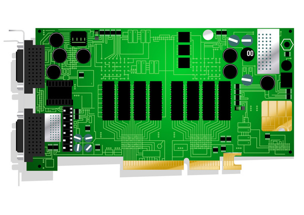 Green graphics card circuit board illustration on white backgrou - Vector, Image