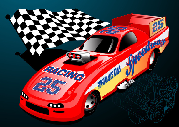 Red Dragster racing car with chequered flag and engine illustrat - Vector, Image
