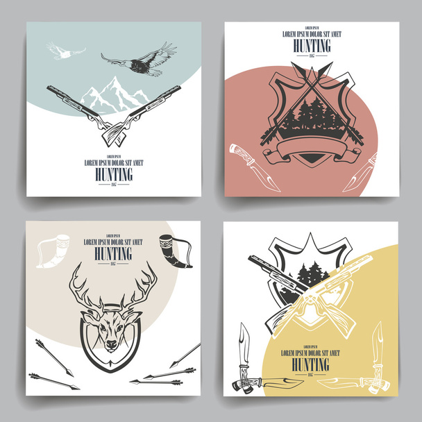Brochure or flyers design. Weapons, animals and hunting equipment icons. - Vector, Image