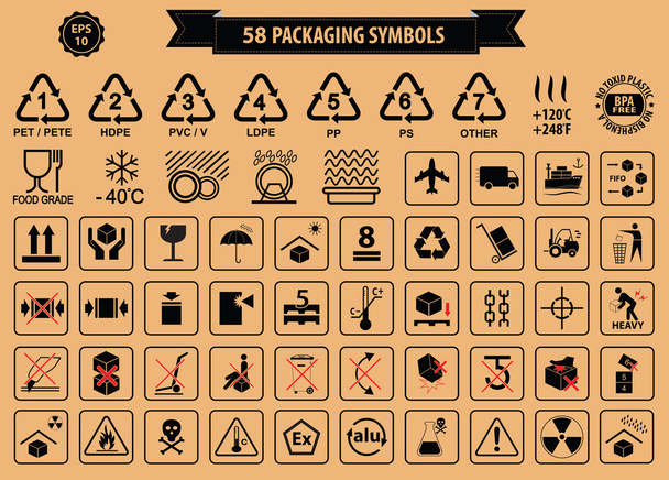 Set di simboli di imballaggio - Vettoriali, immagini