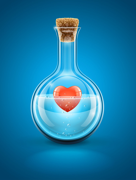 frasco de vidro balão com coração vermelho em água dentro - Vetor, Imagem