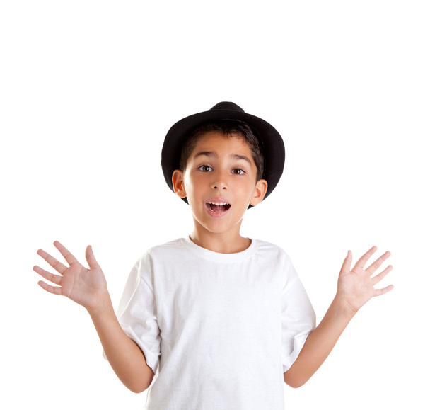 Boy gesture with black hat isolated on white - 写真・画像