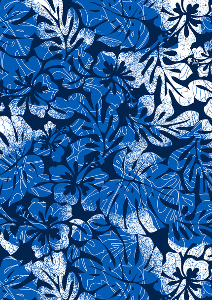 Blue tropical ferns and hibiscus with a distressed texture - ベクター画像
