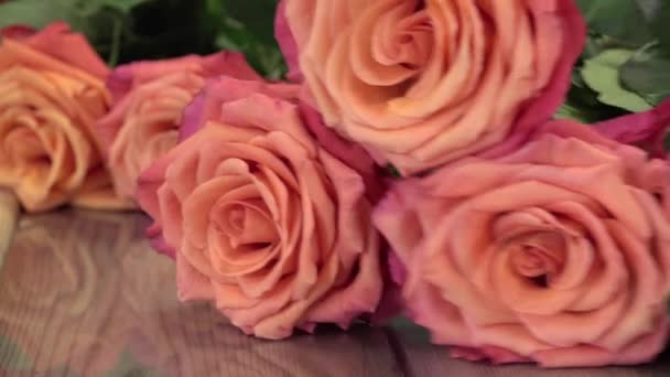 a florist manufactures a bouquet of roses - Footage, Video