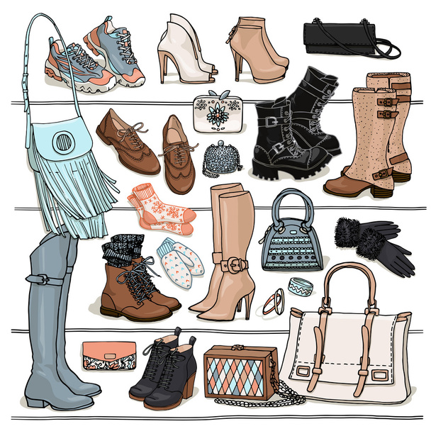 csoportja, őszi és téli táskák és cipők - Vektor, kép