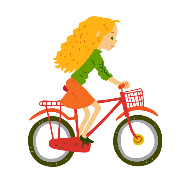 rajzfilm lány lovaglás kerékpár - Vektor, kép