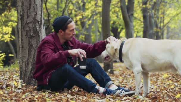 muž a pes sedí u stromu v podzimním parku pití kávy - Záběry, video