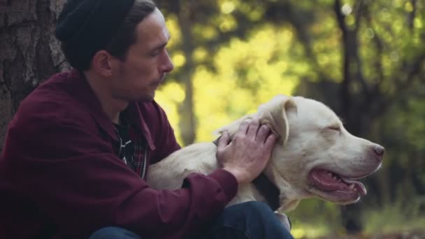 hombre acariciando el perro en el parque de otoño
 - Metraje, vídeo